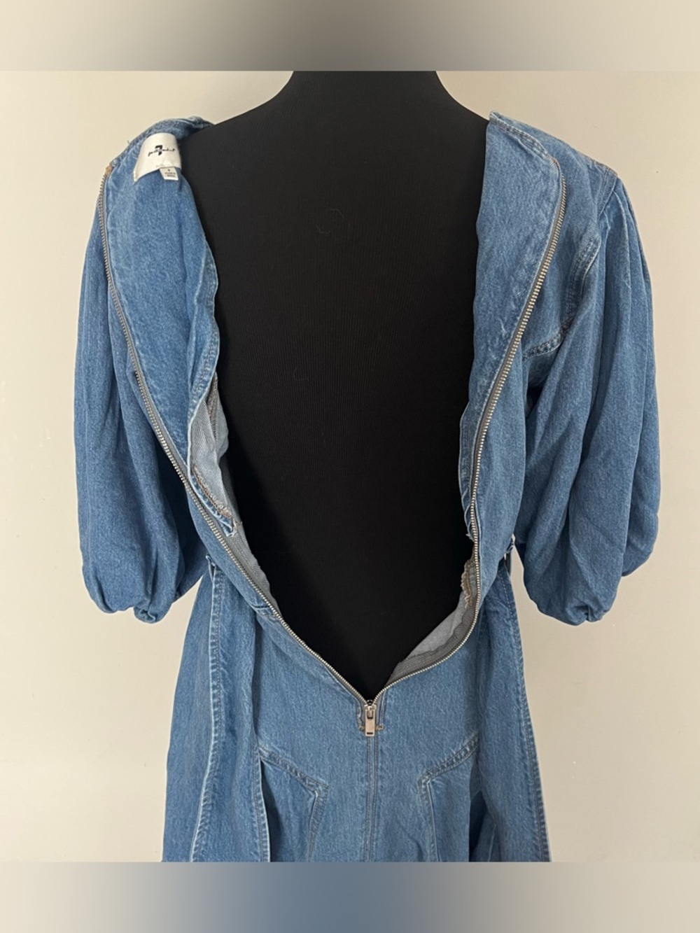 7 For All Mankind denim mini dress V-neckline voluminous puff lantern sleeve - Picture 7 of 11